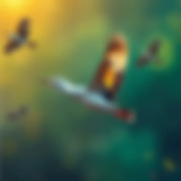 A glitching bird appears mid-flight, exhibiting unusual movements and patterns, capturing attention from nearby wildlife enthusiasts.