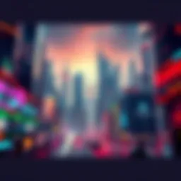A futuristic cityscape with digital glitches and distorted buildings, representing a skewed perception of reality.