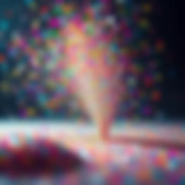 A colorful burst of glitter filling the air during a fun demonstration, showcasing its stickiness as it settles on various surfaces.