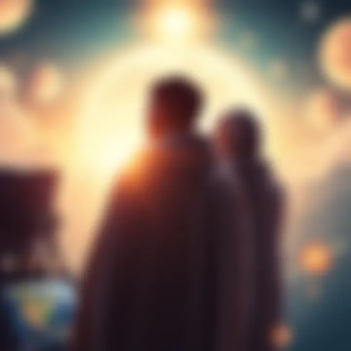 Global Awakening Concept Three seers stand together, looking toward a bright horizon symbolizing hope and change for humanity, with images of technology and nature in the background.