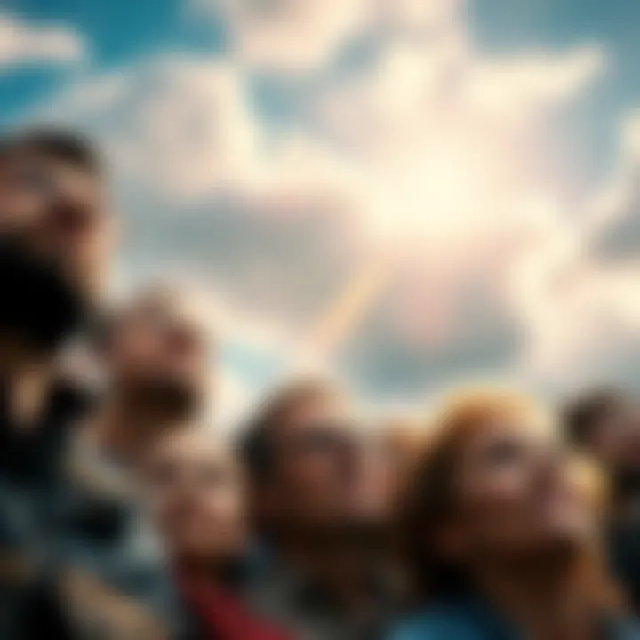 Global Change Anticipation A diverse group of people looking up at the sky with expressions of curiosity and concern, symbolizing global anticipation of change.
