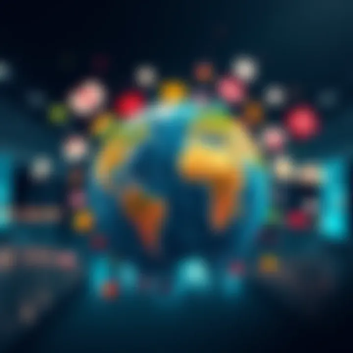 A globe surrounded by various icons representing global issues like climate change, politics, and economics