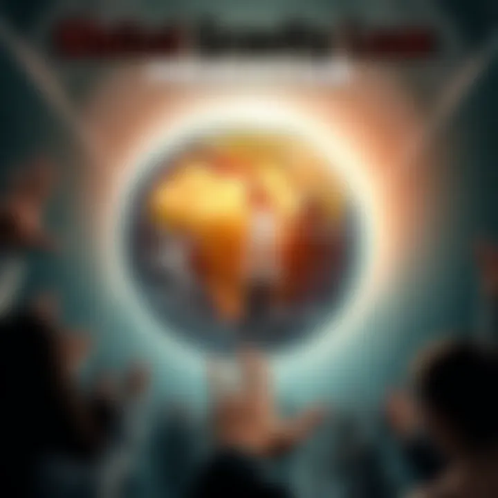 A graphical representation of Earth with a weightless effect, showing panic among people and hidden celebrities in bunkers, symbolizing the predicted gravity loss on August 12, 2026.