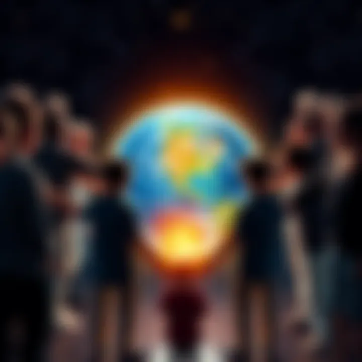 A diverse group of people standing together, holding hands around a glowing globe, symbolizing unity and efforts to reduce suffering worldwide.