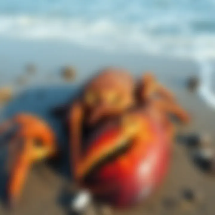A large, decayed organic mass resembling a sea creature lies on the sand, surrounded by beach debris and waves.