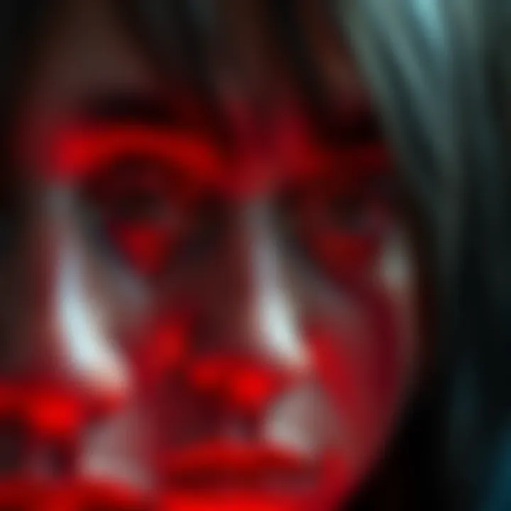 A close-up of a person's face showing glossy red eyes and signs of discomfort, looking dizzy and disconnected.