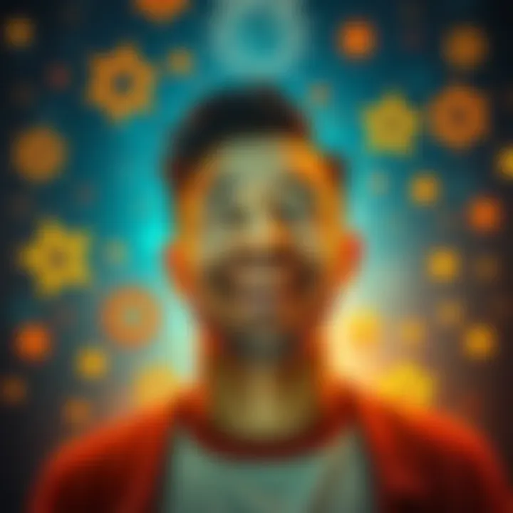 An individual smiling with bright energy, surrounded by uplifting symbols representing self-improvement and growth