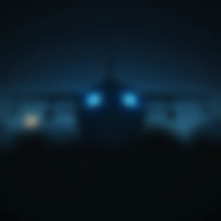 Glowing Blue Eyes at Edwards AFB A dark desert scene with eerie glowing blue eyes peering from the shadows, highlighting the mysterious atmosphere around Edwards Air Force Base.