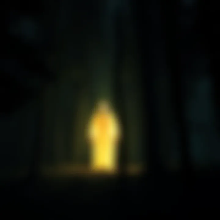 A mysterious glowing figure stands among dark trees at night, casting an eerie light in the forest.