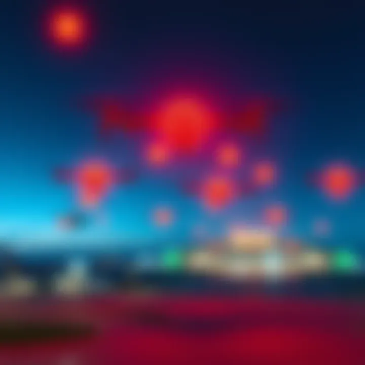 A formation of glowing spheres spotted in the night sky close to Schiphol Airport, with the airport visible in the background.