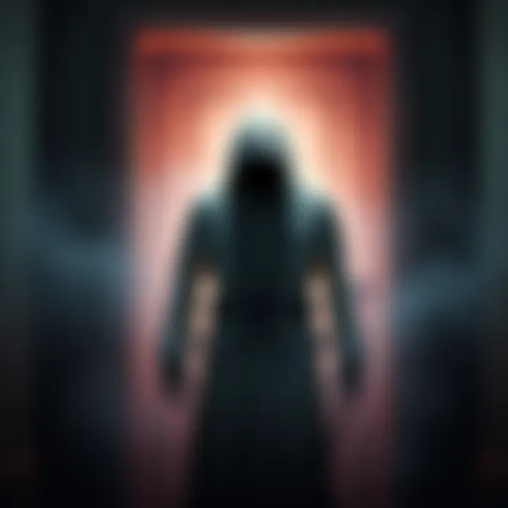 A glowing figure in a dirty white robe and hood stands at a doorway, appearing bound in chains.