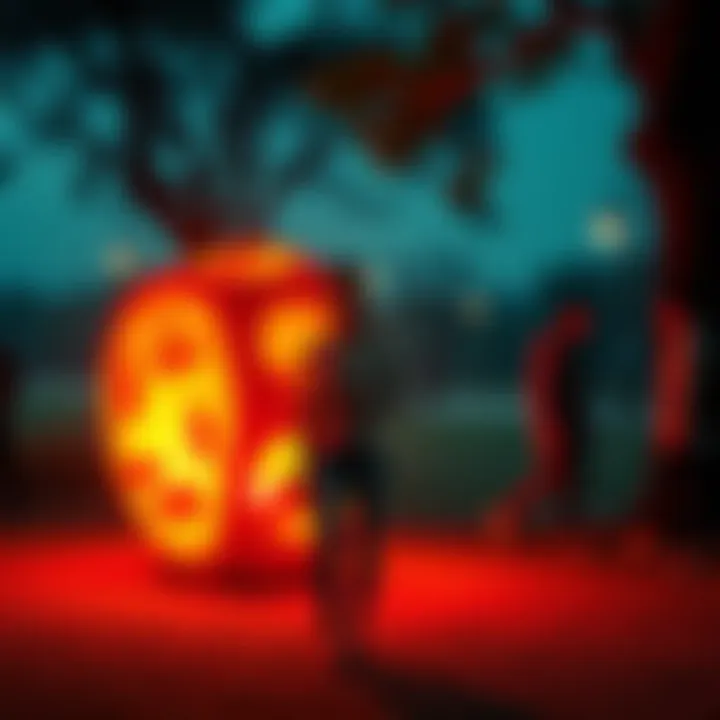 A woman stands by a glowing object with animal carvings in a park; other people look on curiously.