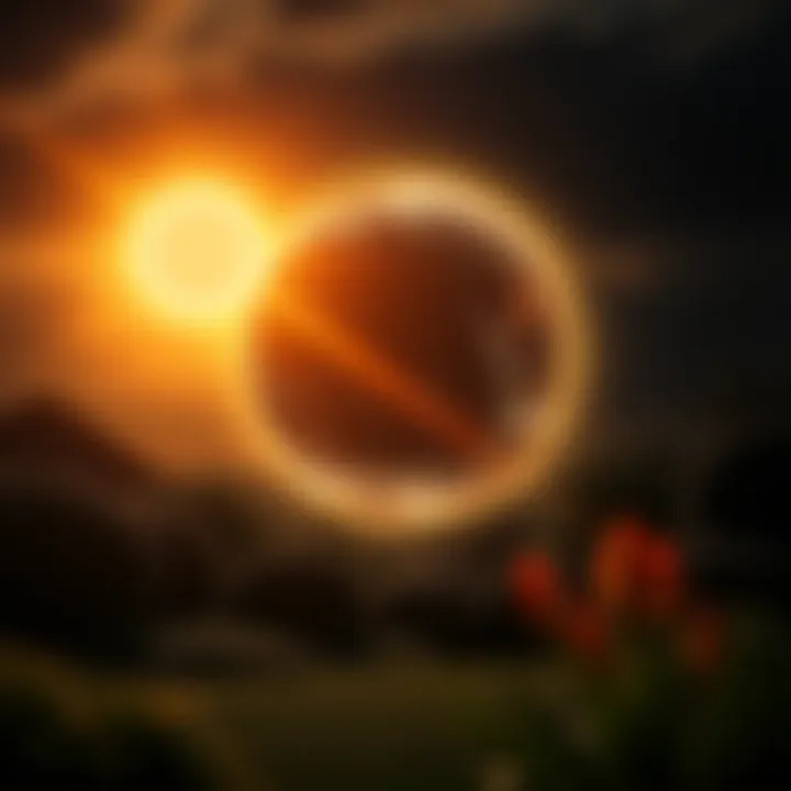 A glowing orb with a face floats in a garden under a darkened sky during the solar eclipse.