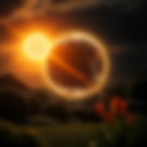 Glowing Orb in Garden During Eclipse A glowing orb with a face floats in a garden under a darkened sky during the solar eclipse.