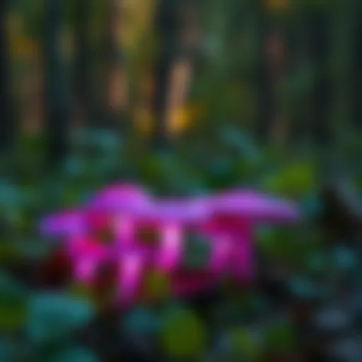 Vibrant edible purple mushrooms glowing softly on the forest floor surrounded by green foliage