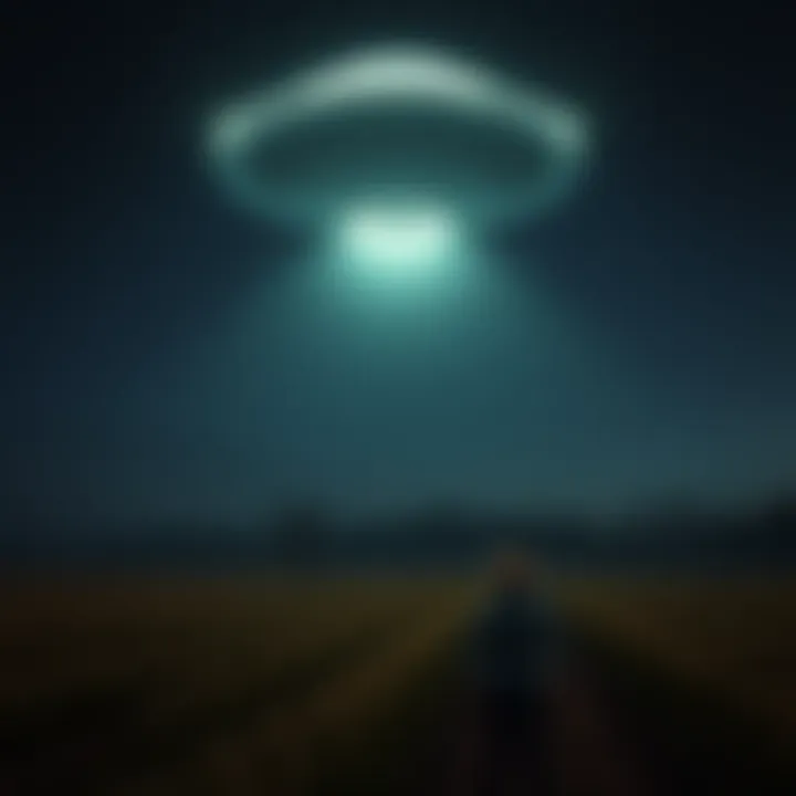 A glowing UFO hovers above a dark Brazilian farm at night, casting an eerie light on the landscape as a farmer looks up in awe.