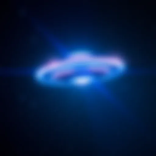 A bright UFO hovering in a starry night sky with colorful lights.