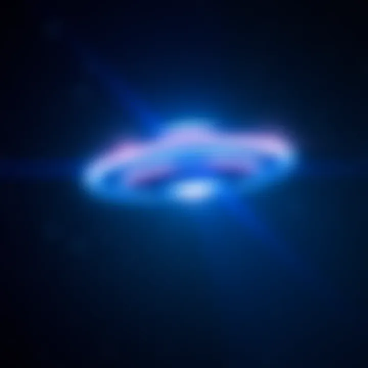A bright UFO hovering in a starry night sky with colorful lights.