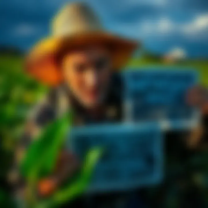 A farmer inspecting crops affected by glyphosate, with a worried expression while holding a sign about national security concerns.