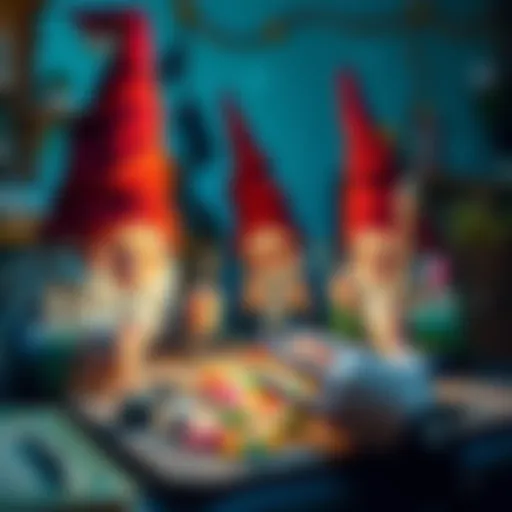A whimsical scene of gnomes working at night, making colorful fingernails with tiny tools and sparkles around them.
