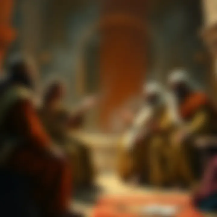 A group of Gnostic scholars debating about the authenticity of the Gospel of Judas in a historical setting.