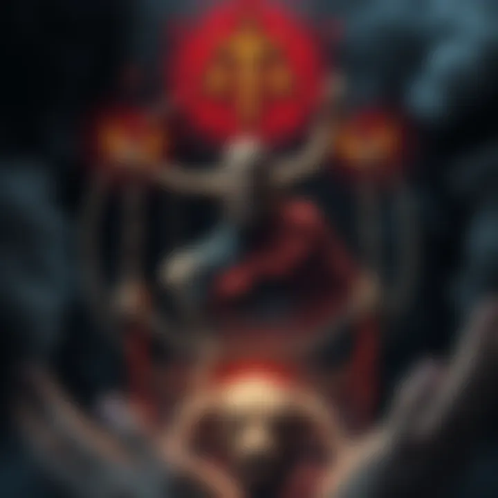 A depiction of a Gnostic symbol representing the Demiurge, showing a figure creating the world with chains symbolizing oppression, surrounded by darkness.