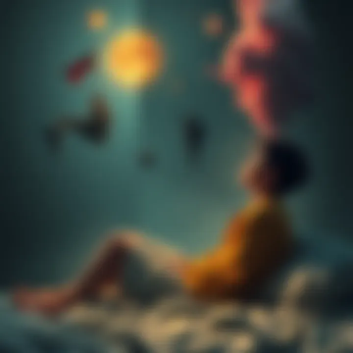 A college student sits on a bed, gazing thoughtfully at the wall, with military figures and abstract symbols floating around, representing a vivid dream connected to Gnostic themes.