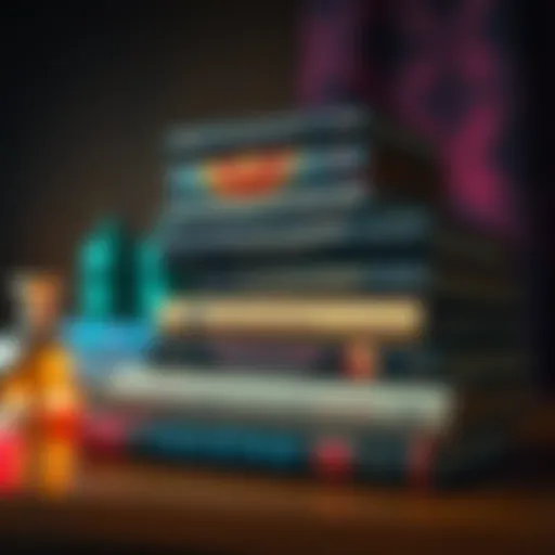 A stack of books featuring covers with cosmic and philosophical themes, representing Gnostic fiction and prison planet narratives.