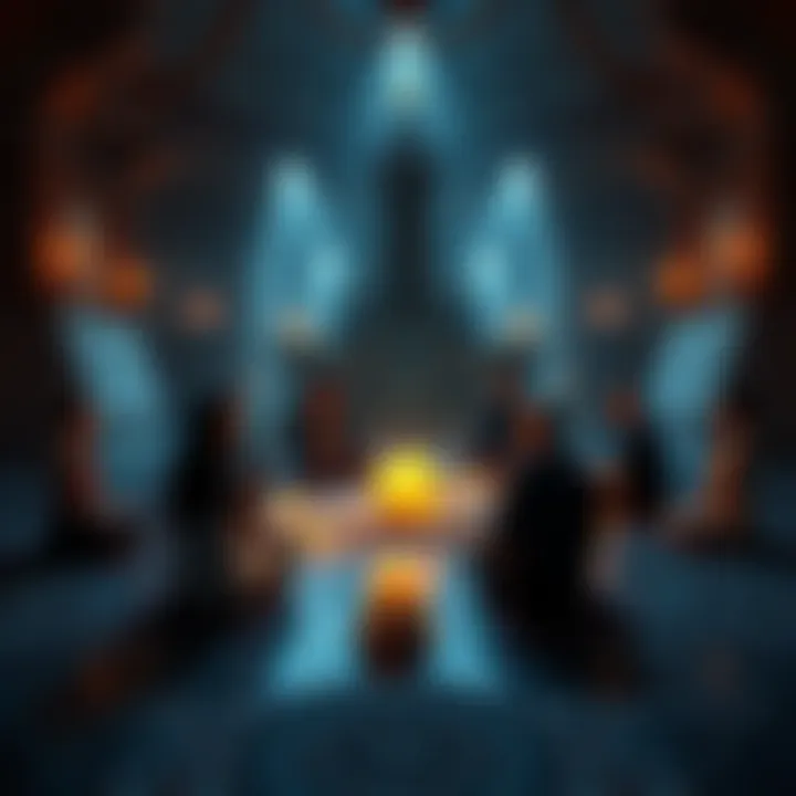 Gnostic Meditation Session A serene setting with individuals seated in a circle, engaging in meditation, surrounded by candles and spiritual symbols.