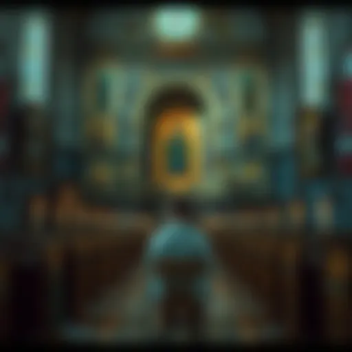 A person sits quietly in an Orthodox church, contemplating their beliefs, surrounded by candles and icons.