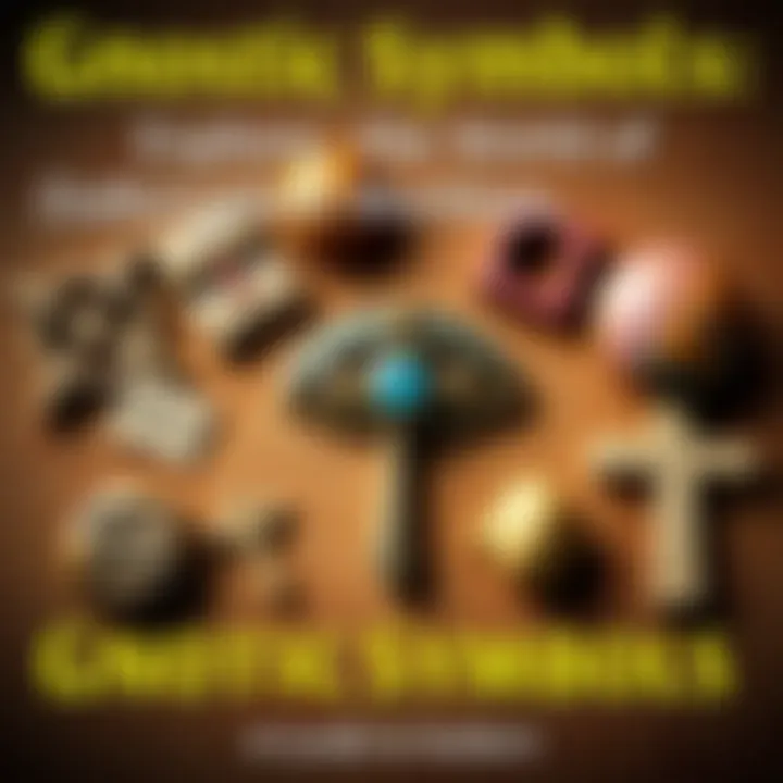 An assortment of Gnostic symbols including a mystical eye, a cross, and ancient script, arranged on a textured background