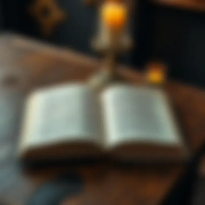 An open book with ancient text and symbols, showing the Gnostic texts that were removed from the Bible, placed on a wooden table with a candle nearby.