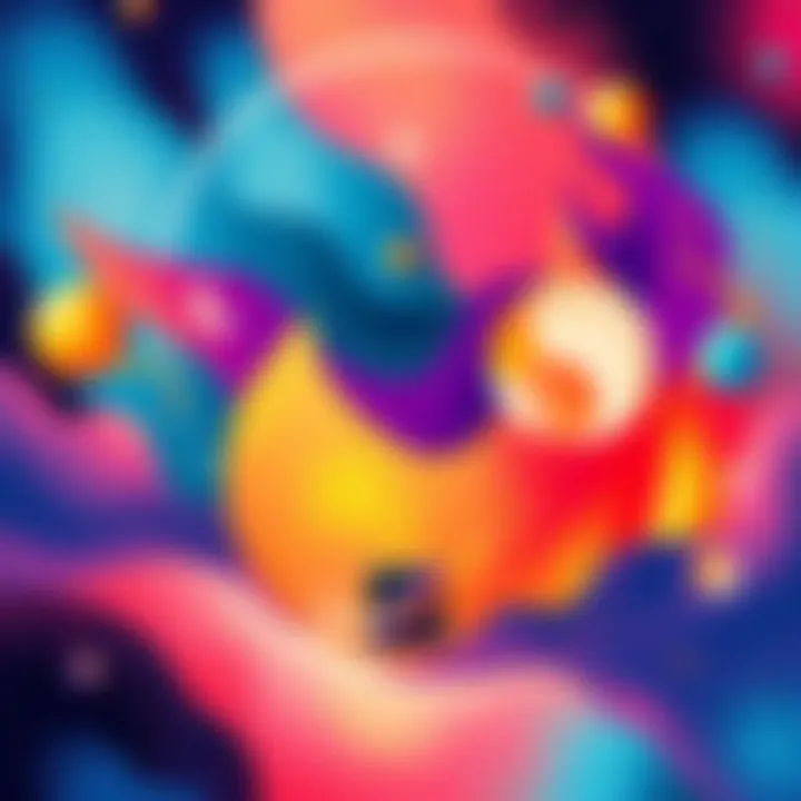 An illustration of a music playlist featuring various song titles that evoke Gnostic themes, with a vibrant background of abstract shapes and colors