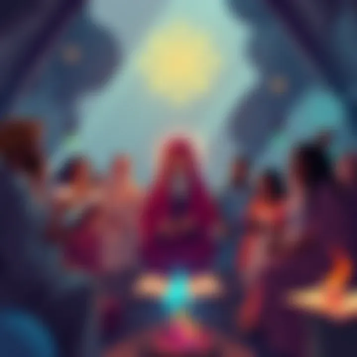 Illustration of a diverse group of people discussing Gnostic teachings in a community setting, with symbols of knowledge and spirituality around them.
