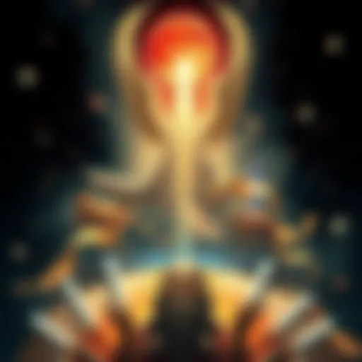 A symbolic representation of Gnosticism featuring the Demiurge, portraying a figure surrounded by material elements, indicating a choice to remain in the material world.