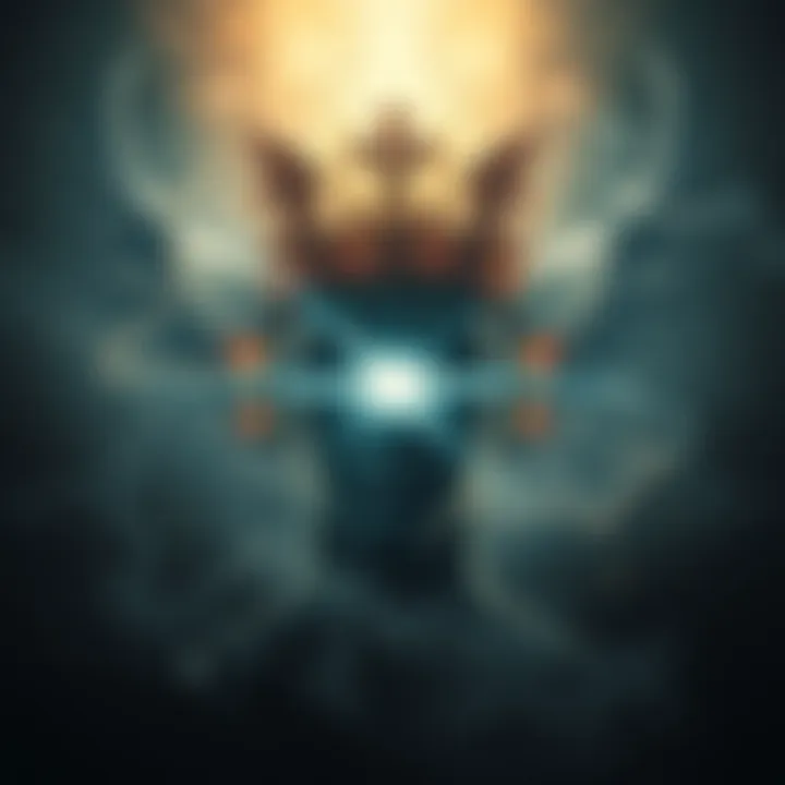 A representation of Gnosticism showing a light and dark contrast, symbolizing the struggle between knowledge and ignorance, with ethereal elements in the background.