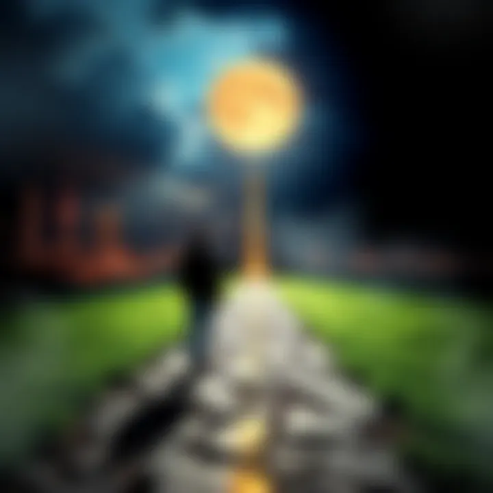 A person standing at a crossroads, contemplating a path leading to a vibrant city and another to a dark, shadowy area, symbolizing the choice between spiritual detachment and engaging with the world.