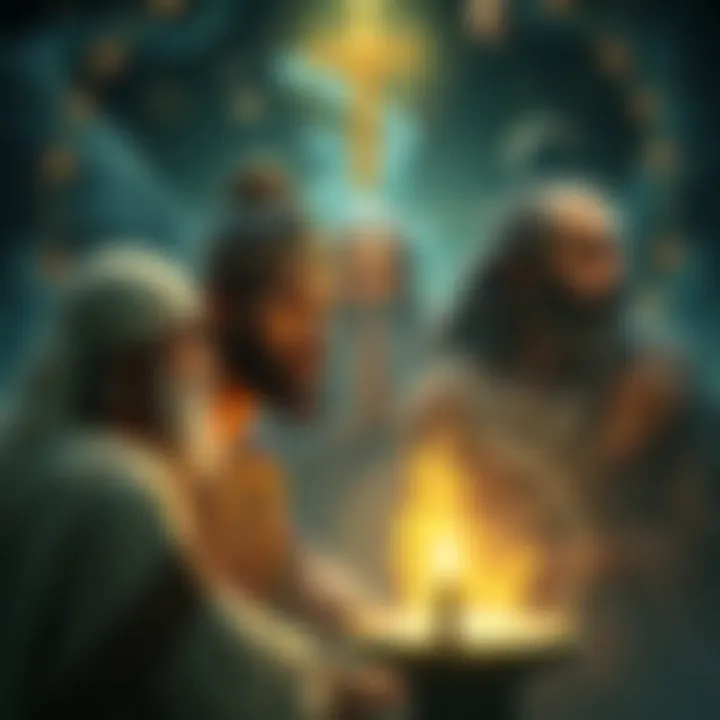 A group of Gnostics engaged in deep thought, surrounded by symbols of material and spiritual worlds.