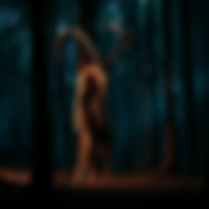 A mysterious creature resembling a goat-human hybrid stands in a dark forest, surrounded by trees and shadows.