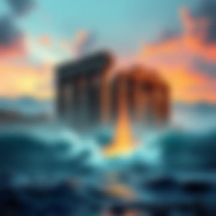 An artistic representation of Gobekli Tepe ruins alongside a depiction of Atlantis surrounded by water.