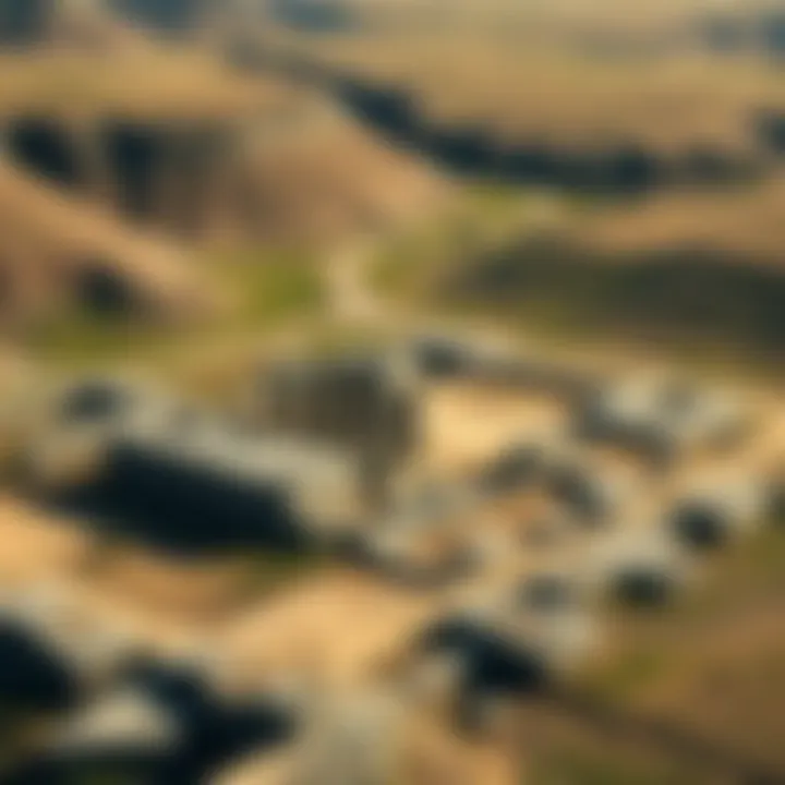 An aerial view of the ancient Göbekli Tepe archaeological site with stone structures and pillars