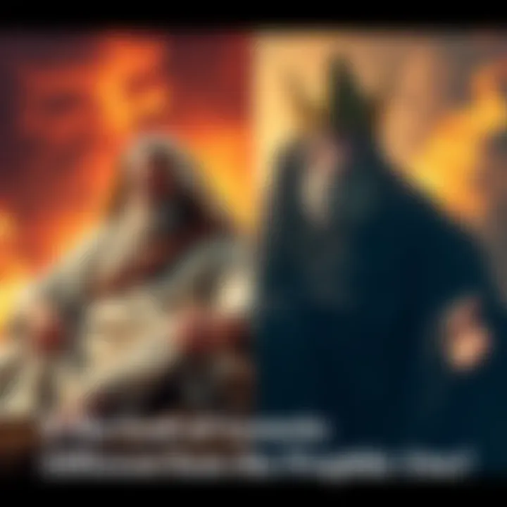 Contrast between a creator figure resting and a prophetic figure communicating with people.