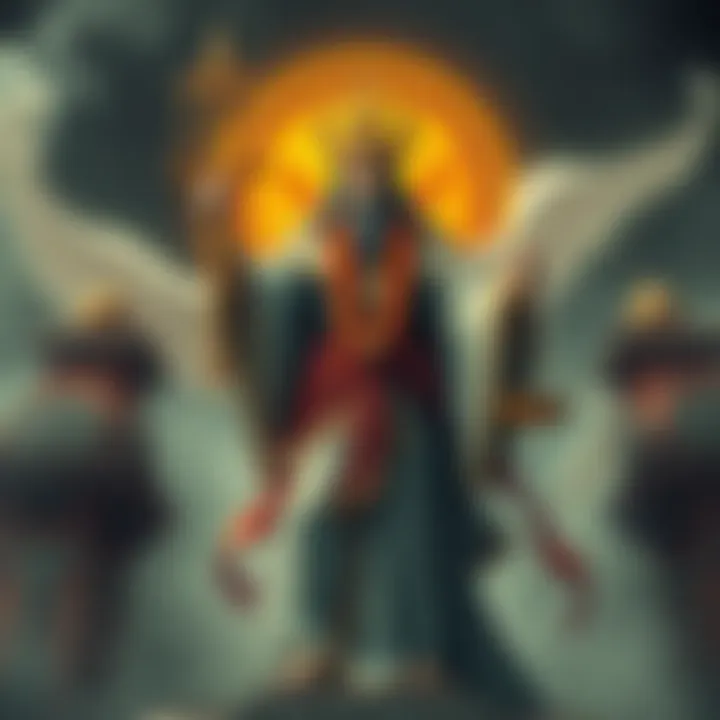 A majestic deity representing stability, dressed in flowing robes and holding a balanced scale, set against a backdrop of ancient symbols of order and harmony.