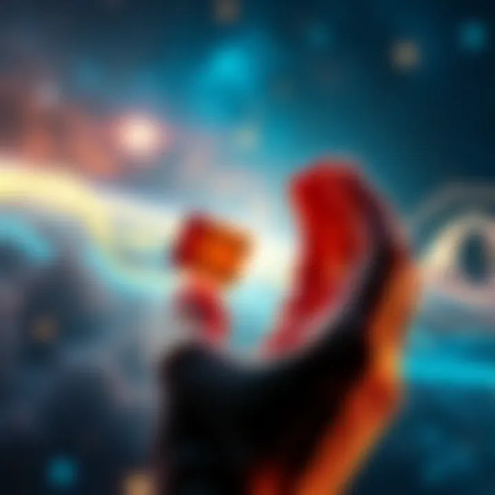 A divine hand rolls a 10-sided dice in the cosmos, symbolizing chance in the universe.