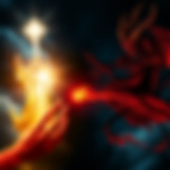 A visual representation of a cosmic battle between God and Satan, highlighting contrasting forces. God is depicted in bright light, symbolizing hope and truth, while Satan is shown in darkness, representing deceit and chaos.
