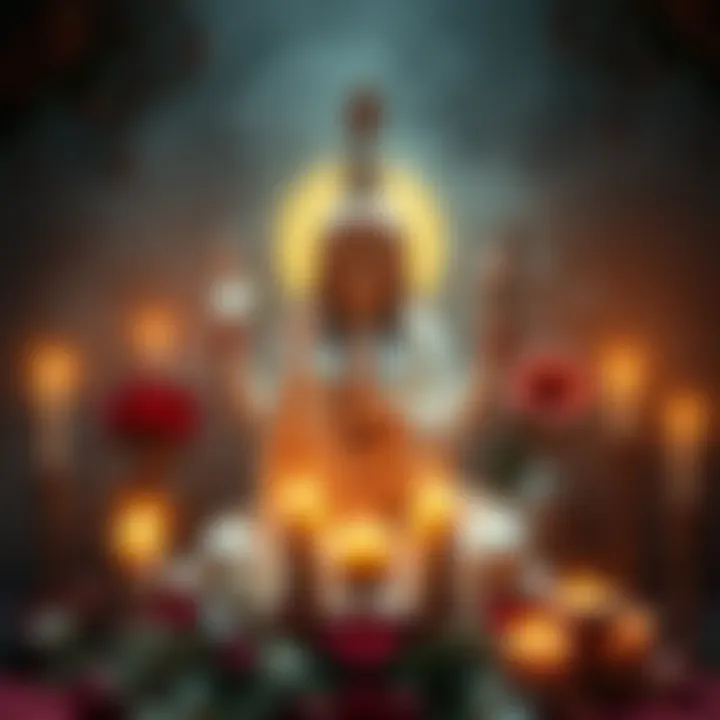 A serene goddess figure surrounded by flowers and candles, symbolizing courage and love in a spiritual ritual setting.