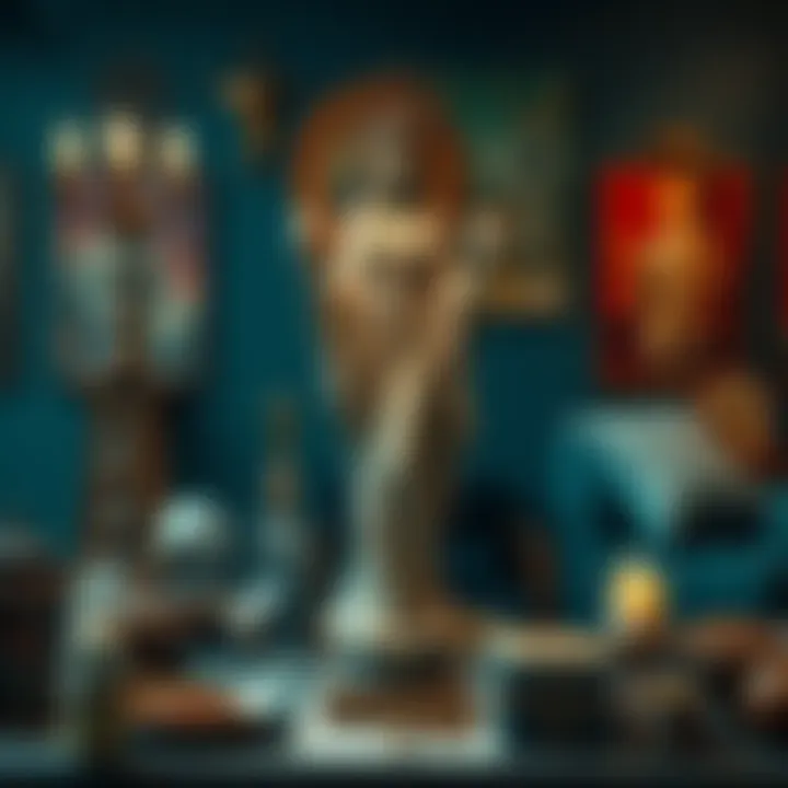 A statue resembling a goddess with a cross, representing Brigid or Hestia, displayed on a table with various items around it.