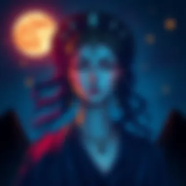 An artistic portrayal of the goddess Trivia, depicted with a three-faced head, symbolizing her connection to crossroads, surrounded by stars and moonlight, representing her dominion over the night sky...