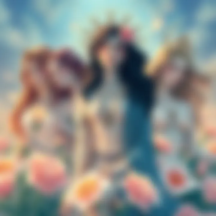A serene illustration of various goddesses surrounded by flowers, representing guidance and support for transitioning individuals.