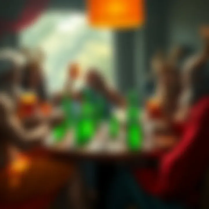 A playful scene with mythical gods sitting around a table filled with Sprite and other drinks, laughing and sharing refreshments.